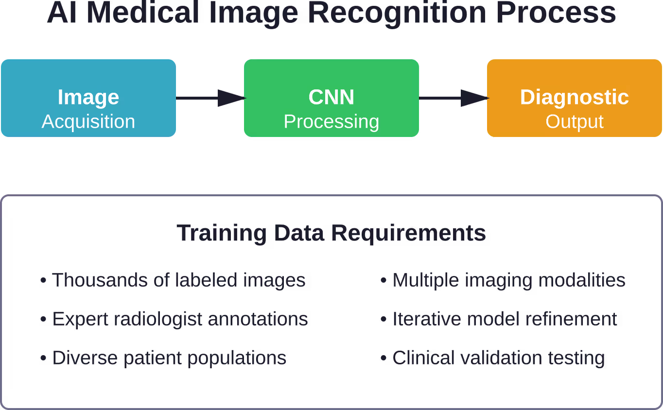 De typische workflow voor AI-gestuurde medische beeldherkenning, van initiële beeldopname via neurale netwerkanalyse tot diagnostische output.