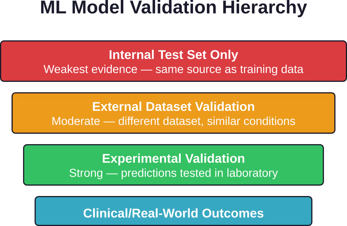 Die Validierungsstärke steigt von computergestützten Testdatensätzen über die experimentelle Verifizierung bis hin zu klinischen Ergebnissen. Veröffentlichte Forschungsergebnisse unterstreichen, dass die experimentelle Validierung für biologische ML-Anwendungen weiterhin unerlässlich ist.