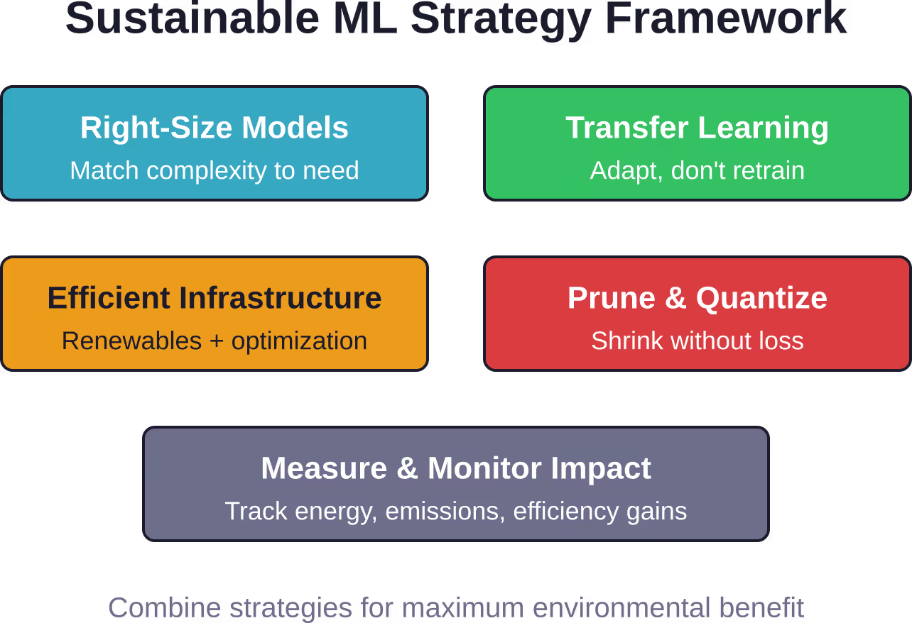 Four key strategies reduce machine learning's environmental footprint while maintaining effectiveness for sustainability applications.