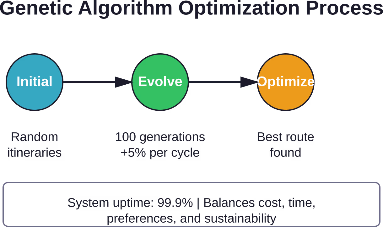 Genetische Algorithmen verbessern iterativ Reiserouten über 100 Generationen hinweg und erzielen so einen Qualitätsgewinn von 5% pro Zyklus bei gleichzeitiger Aufrechterhaltung einer Systemverfügbarkeit von 99,9%.