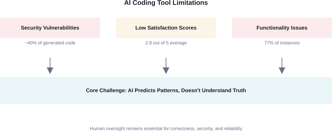Research data reveals significant limitations in AI-generated code quality and security.