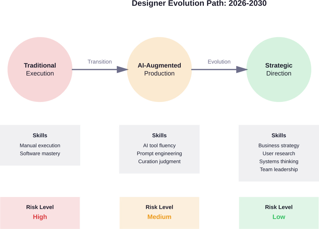 The career path for designers in 2026-2030 involves transitioning from pure execution toward AI-augmented production and ultimately strategic direction roles with lower automation risk.