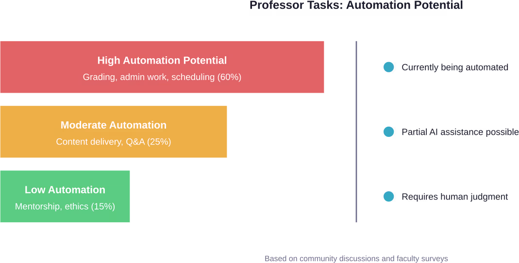 Breakdown of academic tasks by automation potential, showing that while administrative work can be largely automated, core teaching functions remain human-centered.