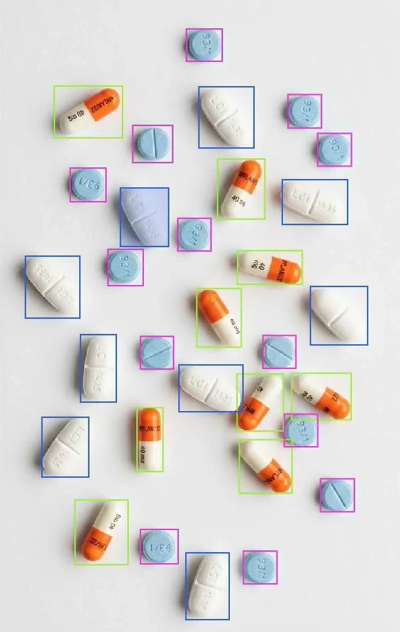 Pillen die het AI-systeem met kaders heeft gedetecteerd en geclassificeerd