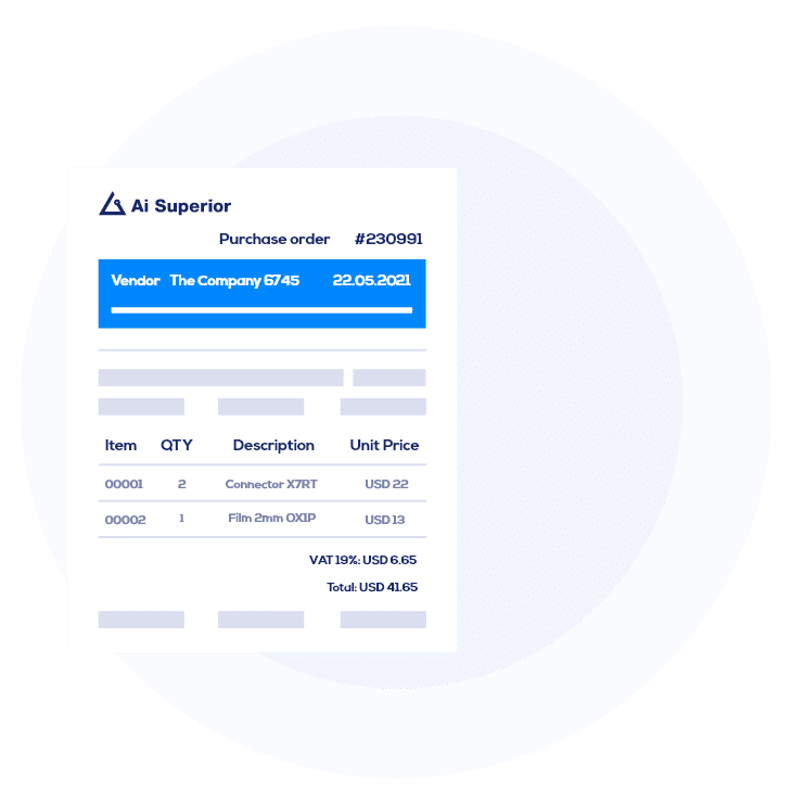 Illustration of a purchase order with vendor, date, line items, VAT and total fields
