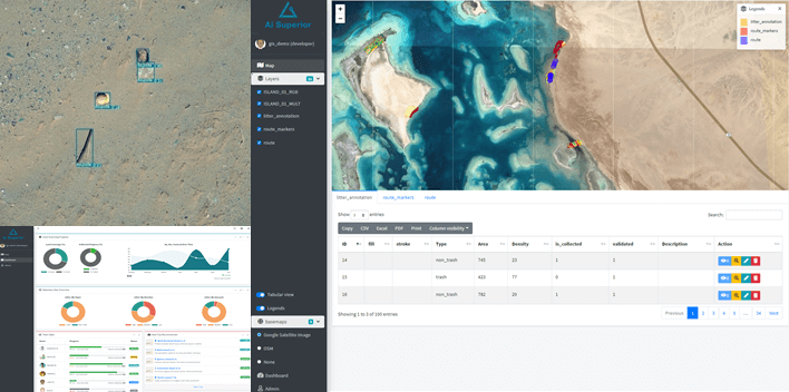 صورة من طائرة مسيّرة تظهر فيها النفايات المكتشفة، إلى جانب تطبيق GIS يعرض مواقع النفايات ومسارات الجمع وجدولًا بالاكتشافات