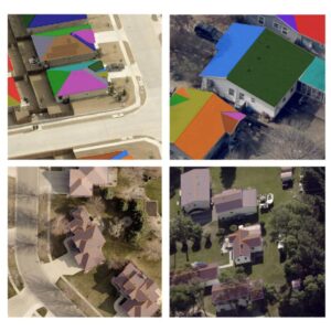 Images satellite de maisons individuelles avec les pans de toiture segmentés en différentes couleurs