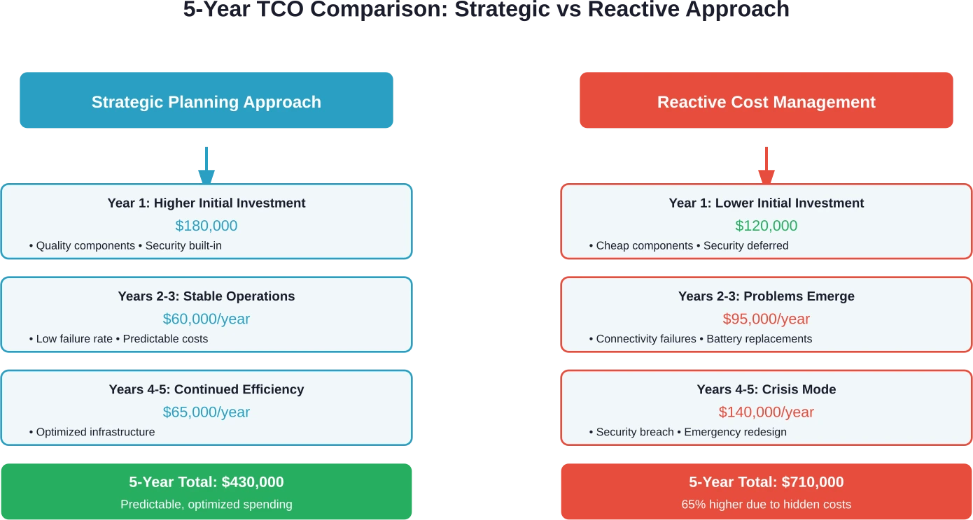 Een vergelijking van de totale eigendomskosten over vijf jaar laat zien hoe strategische investeringen vooraf de kosten op lange termijn verlagen.